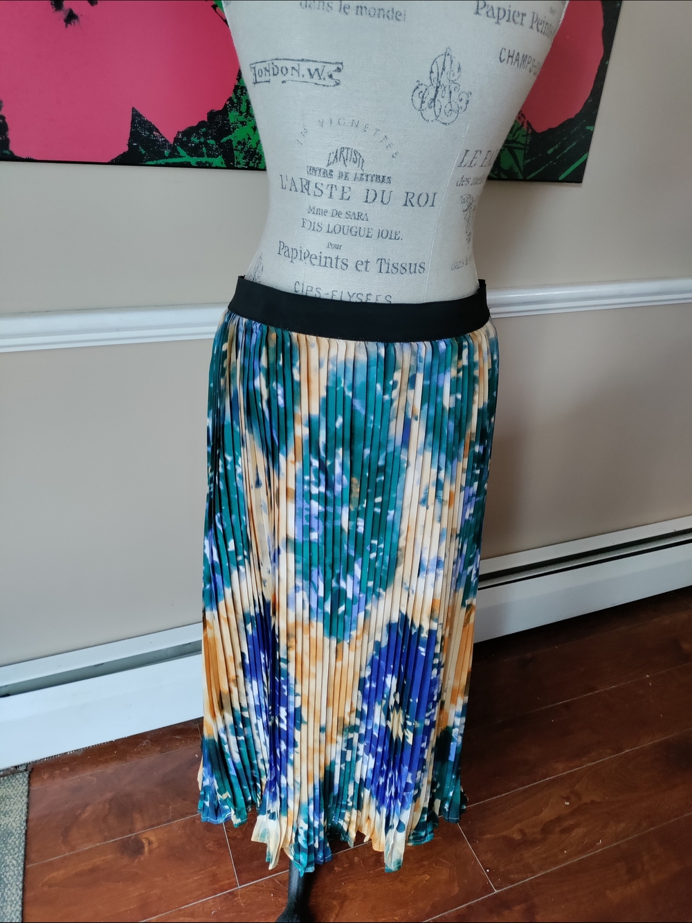 Women's Mlle Gabrielle Pleated Floral Maxi Skirt in Teal, Blue & Gold Size 1X